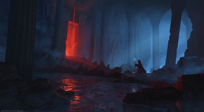 Fantasy cave with glowing doorway and robed figure