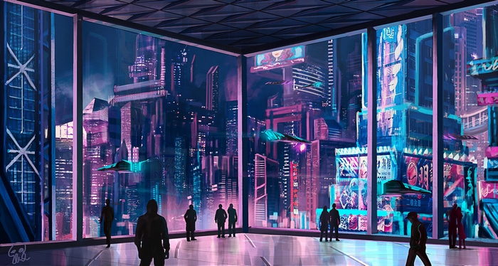 Cyber city with flying vehicles and neon lights