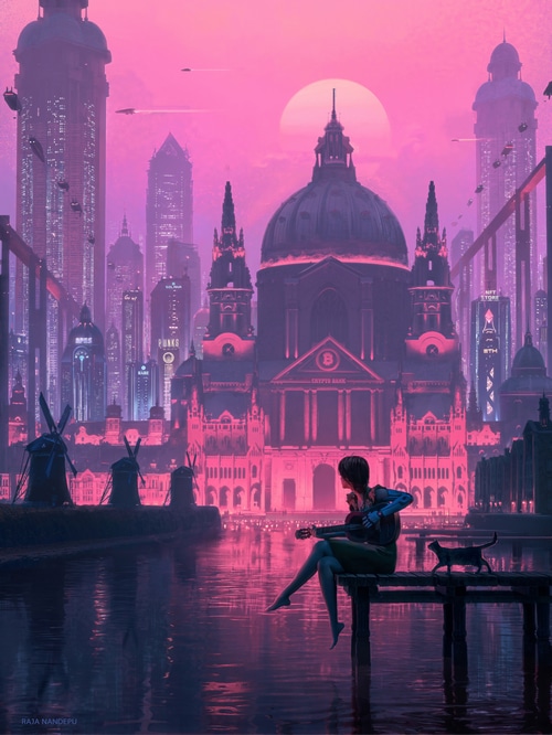 Woman with guitar and cat in futuristic city at sunset