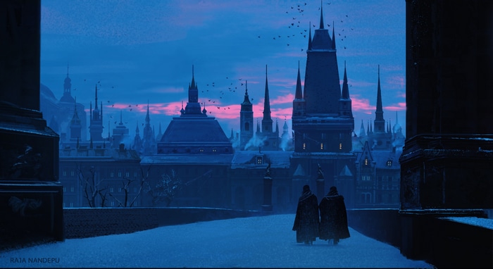 Two figures walk through a snowy city at dusk