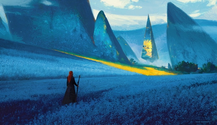 Raja Nandepu's Obelisk in a blue landscape