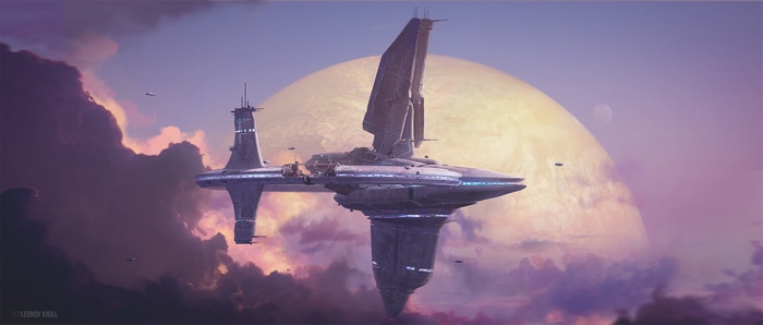 Science fiction spaceship in clouds with planet