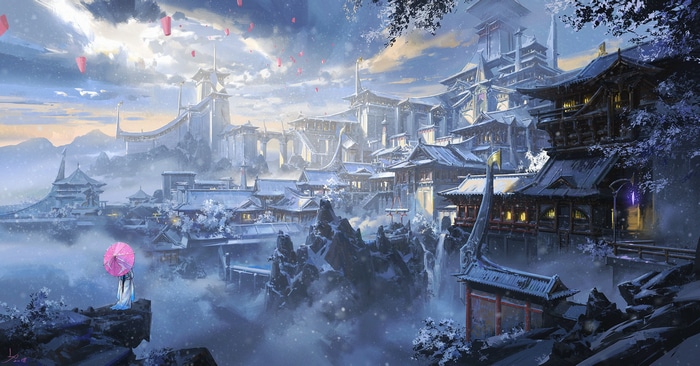 Fantasy city of Ling Xiang in winter with lanterns