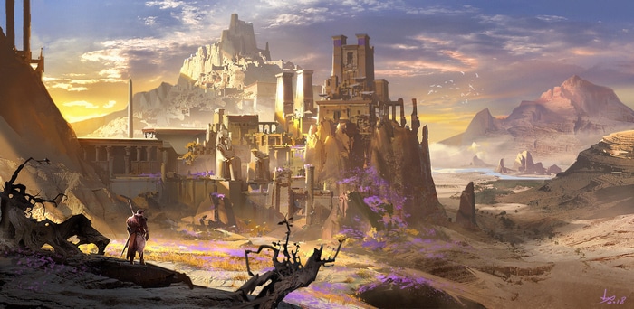 Fantasy desert city with mountains and a lone traveler