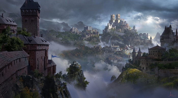 Fantasy city with castles and fog