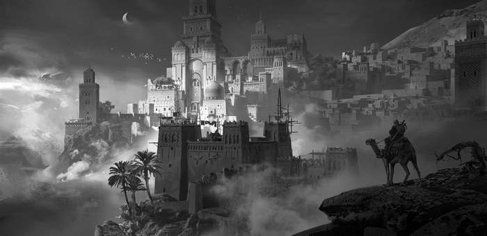 Fantasy desert city with a camel rider and a crescent moon