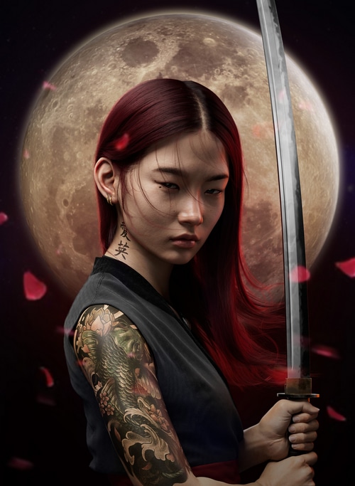 Asian woman with katana and tattoos in front of the moon