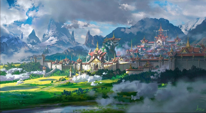 Fantasy city with castle and mountains