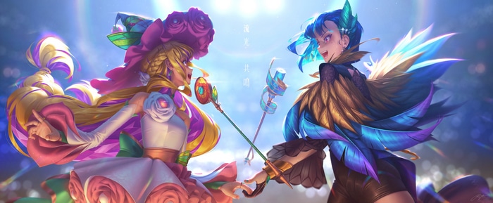 Two female characters with staffs in a video game.