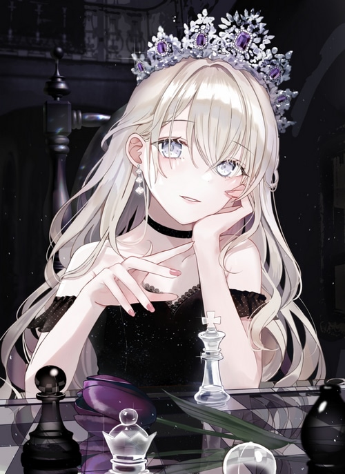 Anime girl with silver hair and crown playing chess