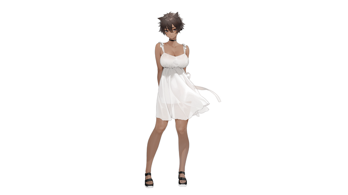 Anime girl with dark skin and brown hair in a white dress