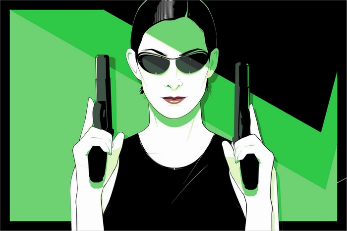 Trinity from The Matrix holding two guns