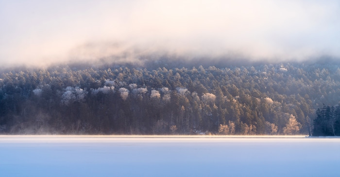 4K winter lake with mist over forest