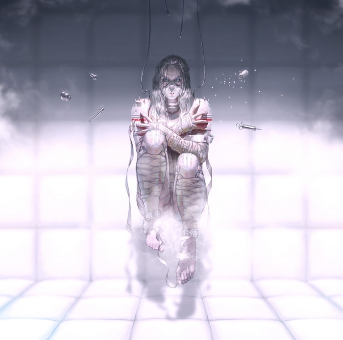 Woman in bandages suspended in a sterile room