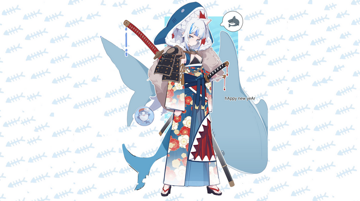 Gawr Gura in Kimono with Katanas