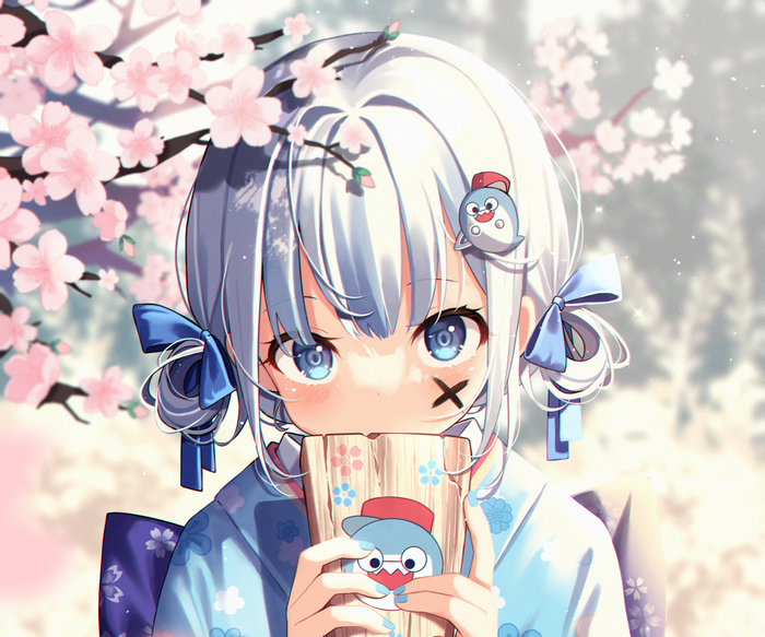 Gawr Gura in a Kimono with Cherry Blossoms