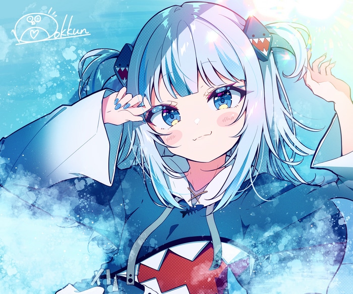 Gawr Gura smiling with blue eyes and shark hoodie