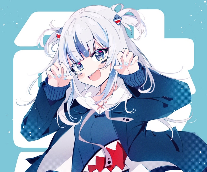 Gawr Gura in a blue jacket with shark motif
