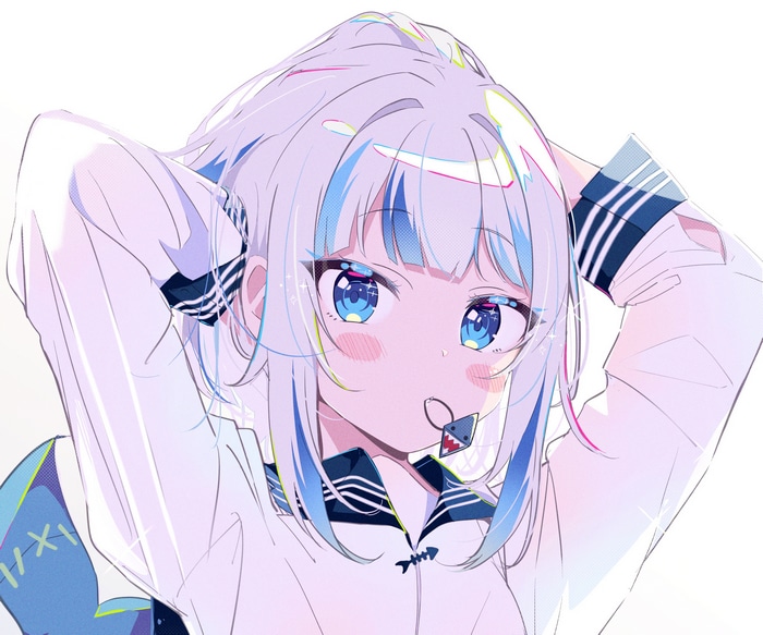 Gawr Gura with hands in hair, wearing a school uniform