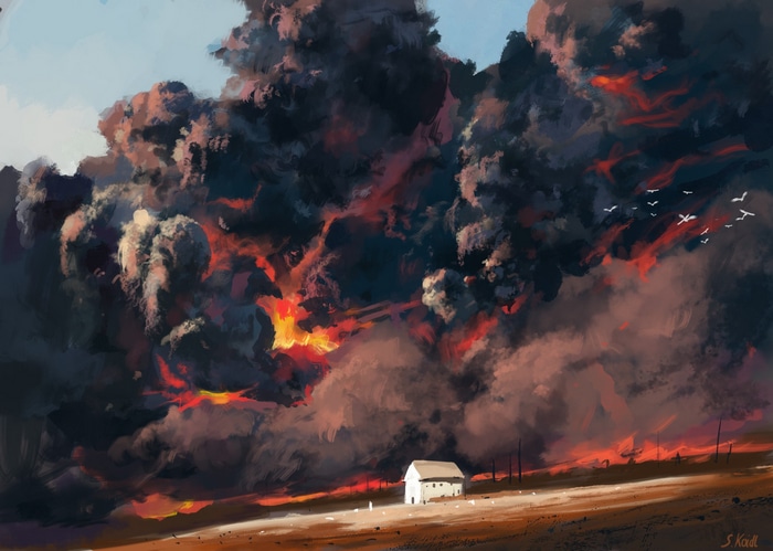 A house in a field with smoke and fire in the sky