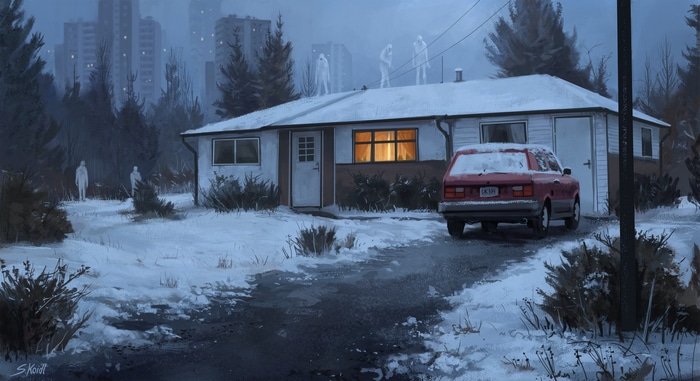 Winter scene with ghostly figures and a red car