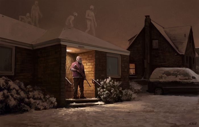 Man with rifle on porch facing zombies on roof