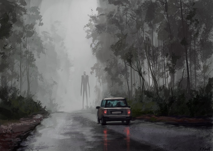 Siren Head and Slender Man on a foggy forest road
