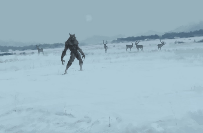 Jakub Różalski artwork of a werewolf in a snowy field