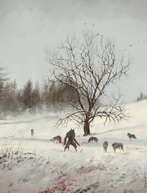 Jakub Różalski's painting of a werewolf and wolves in snow