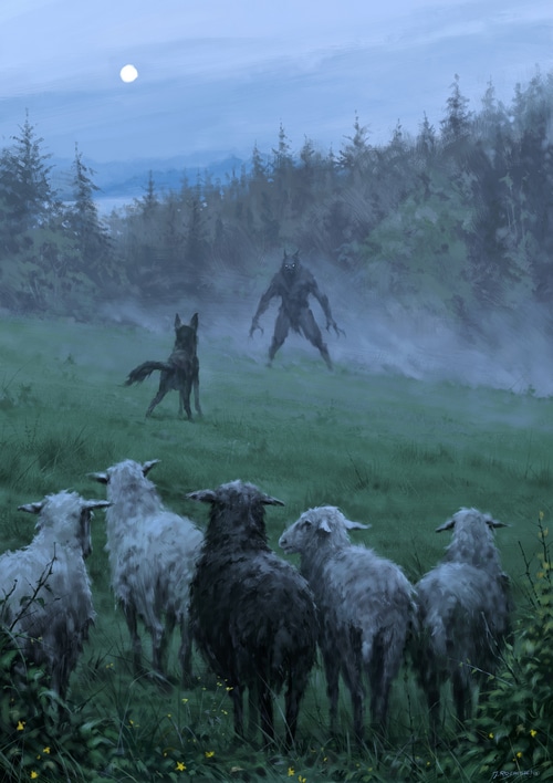 Jakub Różalski werewolf confronts dog and sheep under moon
