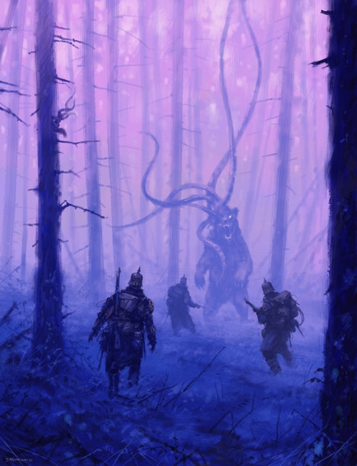 Jakub Różalski artwork of a creature and soldiers in a forest