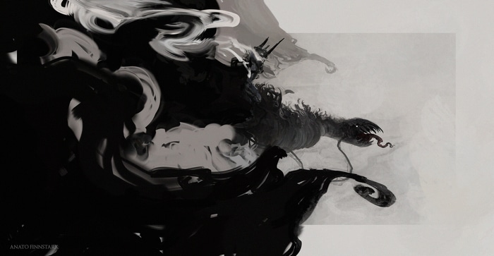 Fantasy creature emerging from dark smoke