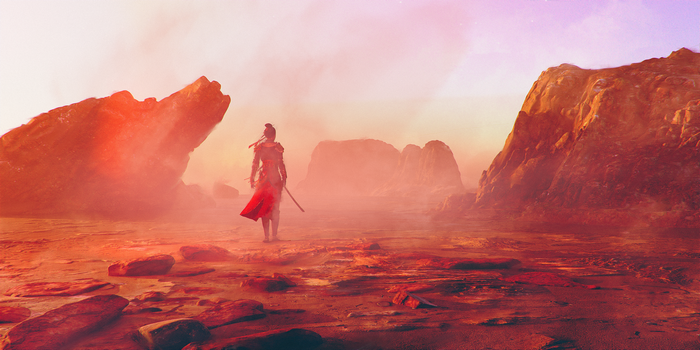 Woman with sword in a rocky desert landscape