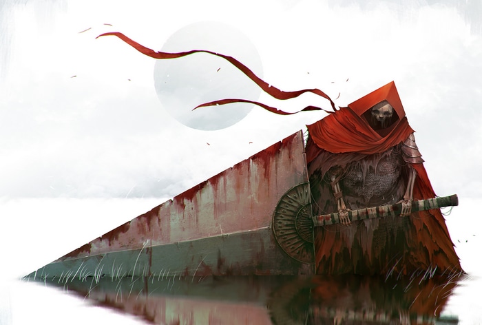 Skeleton warrior with giant sword and red cloak
