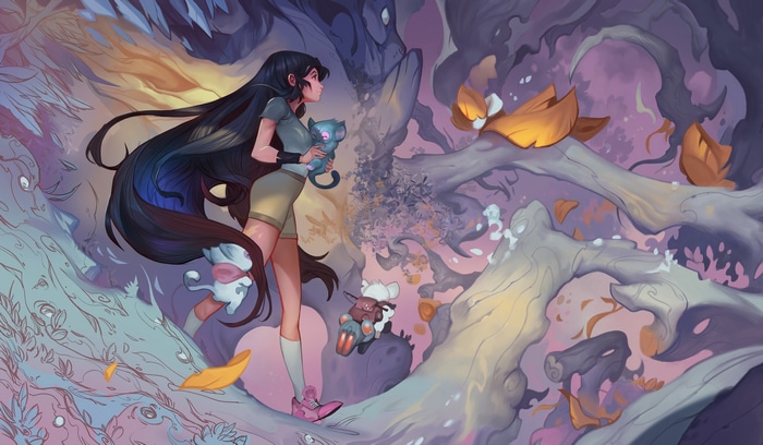 Girl holding a cat in a fantasy forest