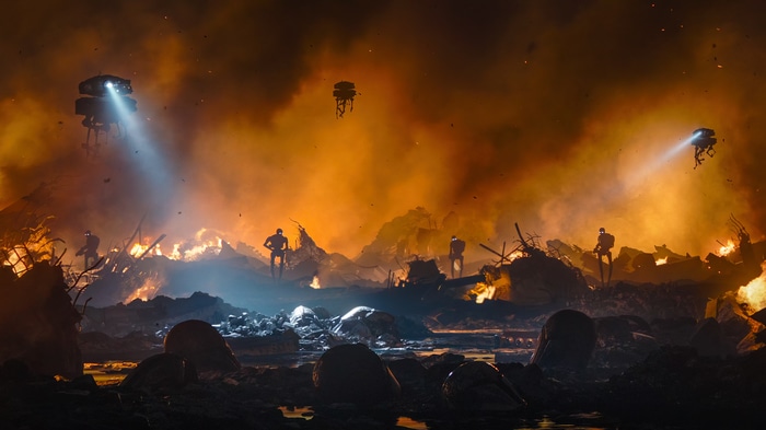 Star Wars Droids and Mandalorians in a Burning Landscape