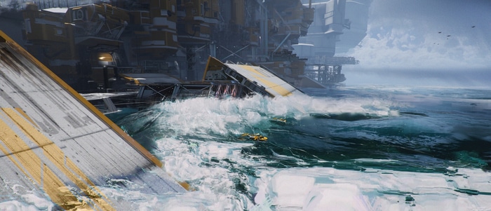 Futuristic science fiction artwork of an oil rig in rough seas