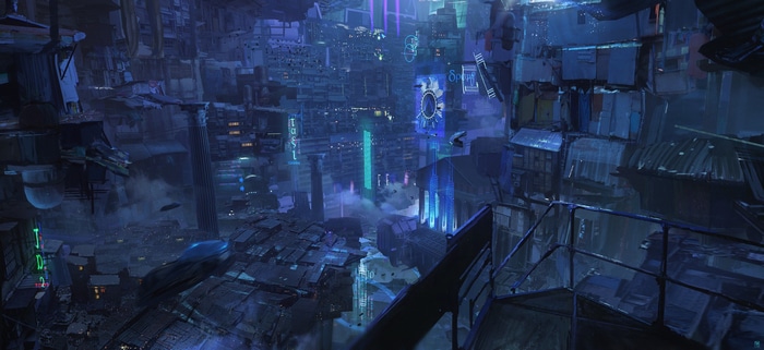 Cyberpunk city with neon lights and flying vehicles