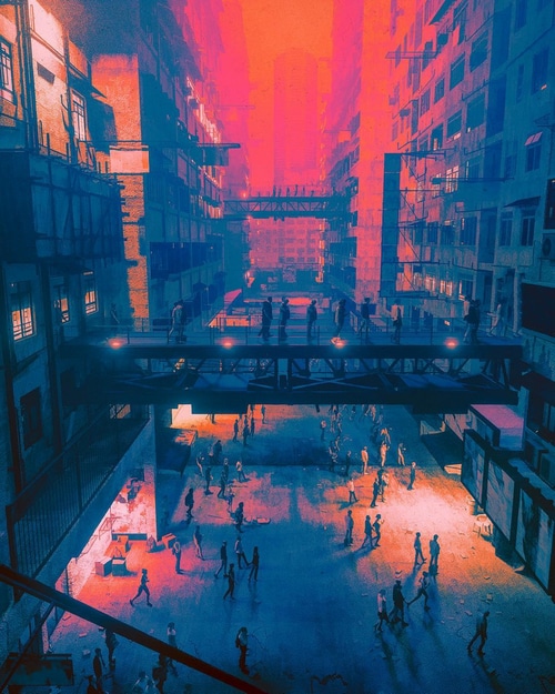 Futuristic city with people on bridges and street