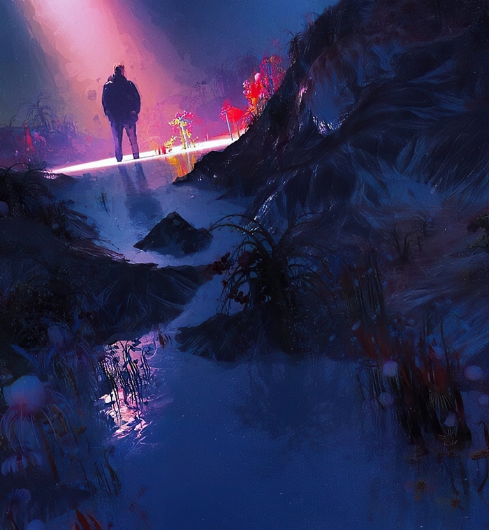 Artwork of a person standing in a surreal landscape