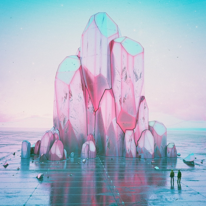 Giant pink crystals on a reflective surface