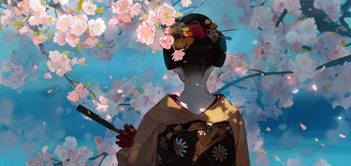 Geisha with umbrella under cherry blossoms