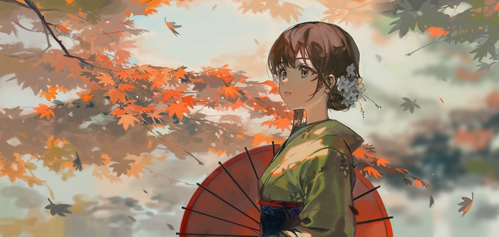 Anime girl in kimono with umbrella in fall