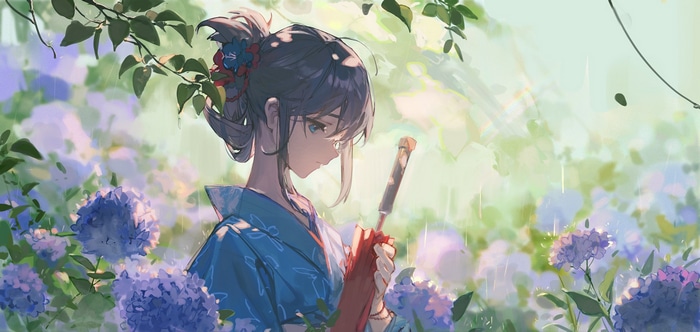 Anime girl in kimono holding umbrella in hydrangeas during rain