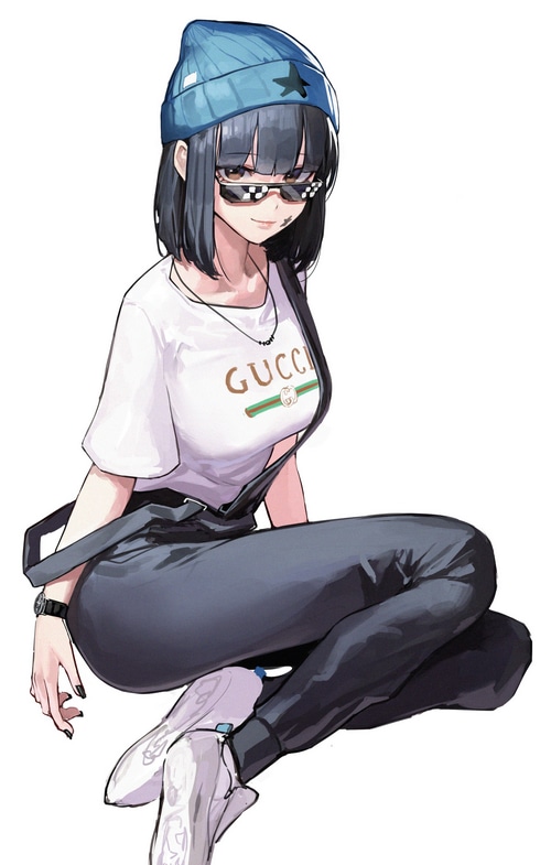 Girl in Gucci T-shirt and Beanie with Sunglasses