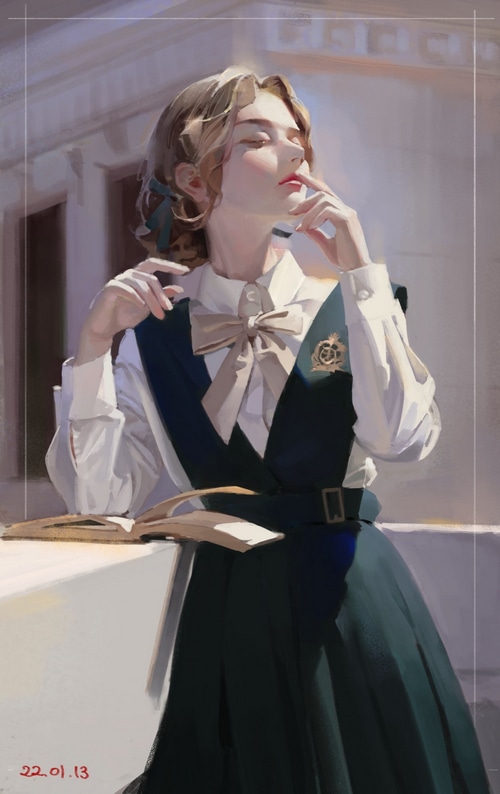 Anime girl with blonde hair in a school uniform