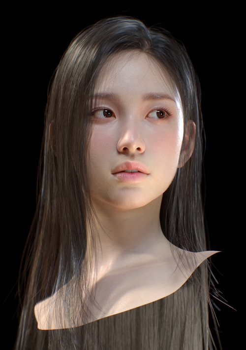 3D render of a young Asian woman with long dark hair