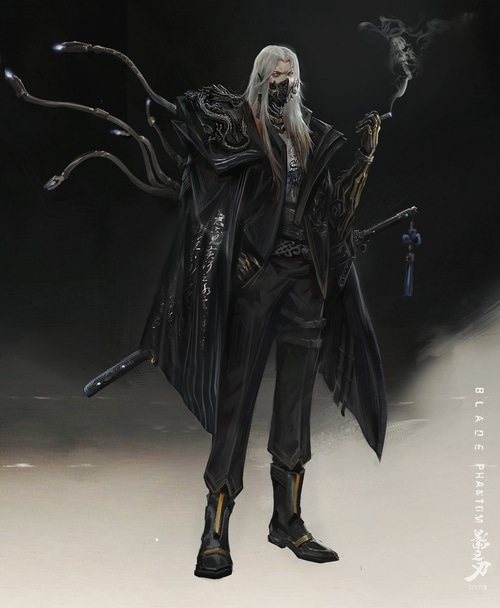 Concept art of a masked man with white hair and mechanical arms
