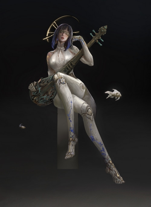 4K Science Fiction Concept Art of a Woman Playing a Lute