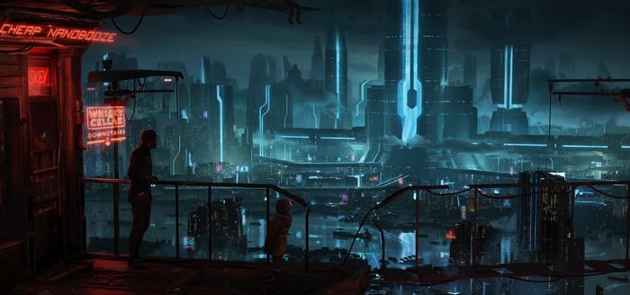 Cyberpunk city at night with neon signs and people
